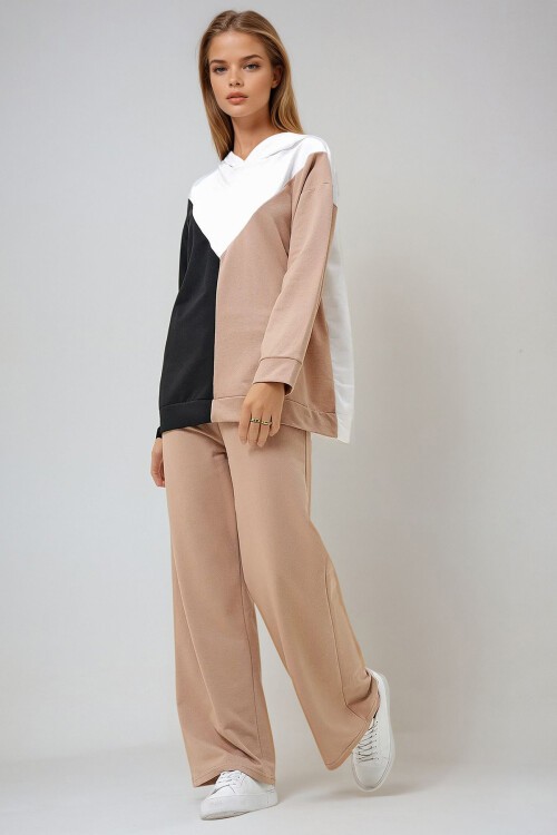 Siyah Ekru Kapüşonlu Renk Bloklu İki İplik Alt Üst Takım