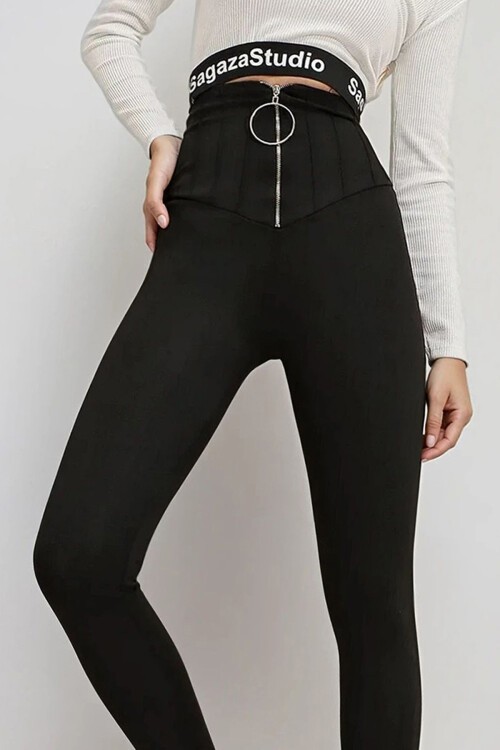 Siyah Halka Fermuar Detaylı Mat Dokulu Yüksek Bel Tayt