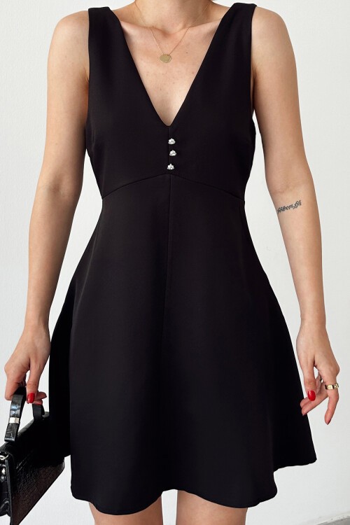Siyah Kalın Askılıı Derin V Yaka Sırt Detaylı  Mini Elbise