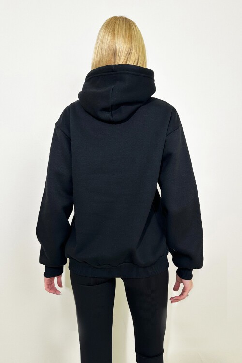 Siyah Kapüşonlu Kanguru Cepli 3 İplik İçi Şardonlu Önü Baskılı Oversize Sweatshirt