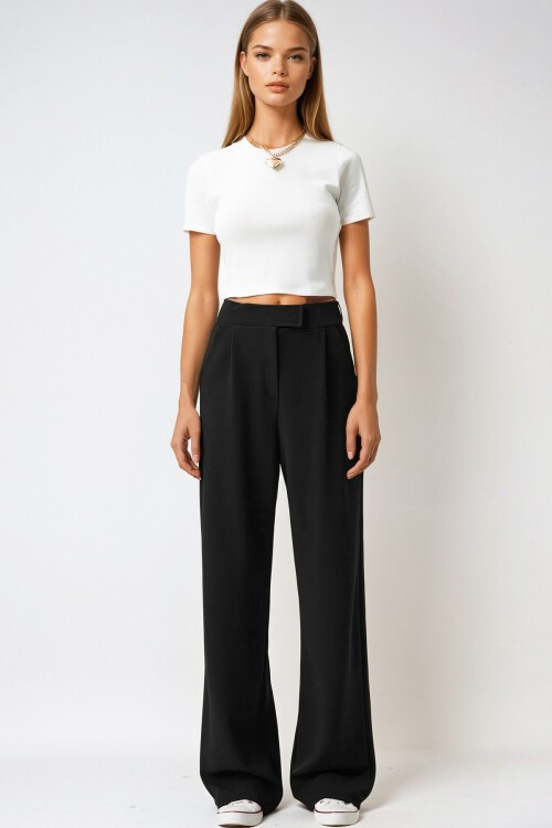 Siyah Likralı Cırt Kapamalı Çift Cepli Palazzo Pantalon