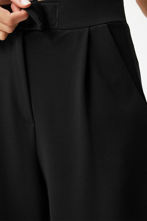 Siyah Likralı Cırt Kapamalı Çift Cepli Palazzo Pantalon