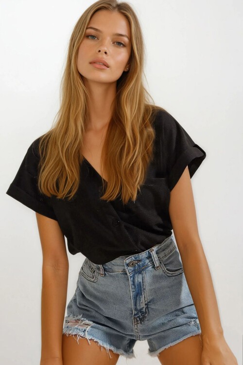 Siyah Manşetli Duble Kısa Kollu Dokulu Gömlek