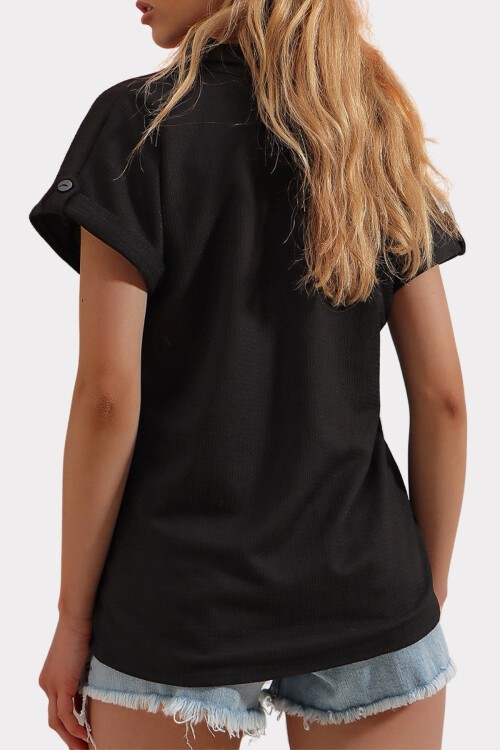 Siyah Manşetli Duble Kısa Kollu Dokulu Gömlek