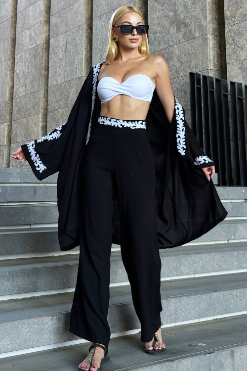 Siyah Nakış İşlemeli Palazzo Pantolon Ve Kimono Dokuma Takım