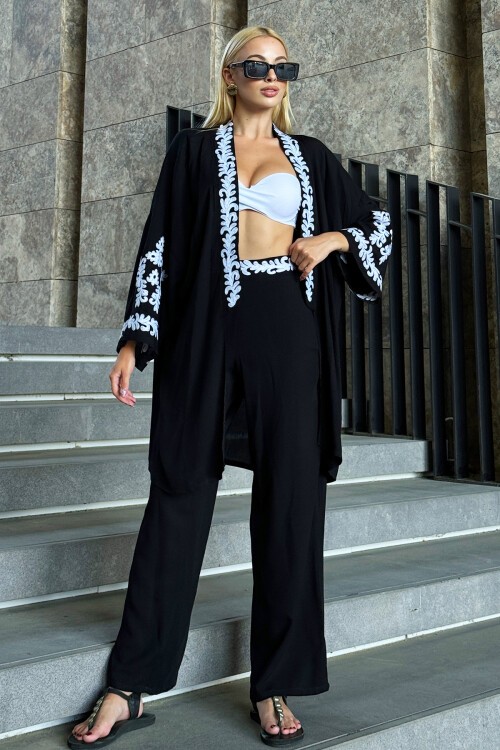 Siyah Nakış İşlemeli Palazzo Pantolon Ve Kimono Dokuma Takım