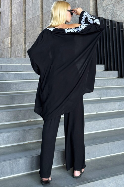 Siyah Nakış İşlemeli Palazzo Pantolon Ve Kimono Dokuma Takım