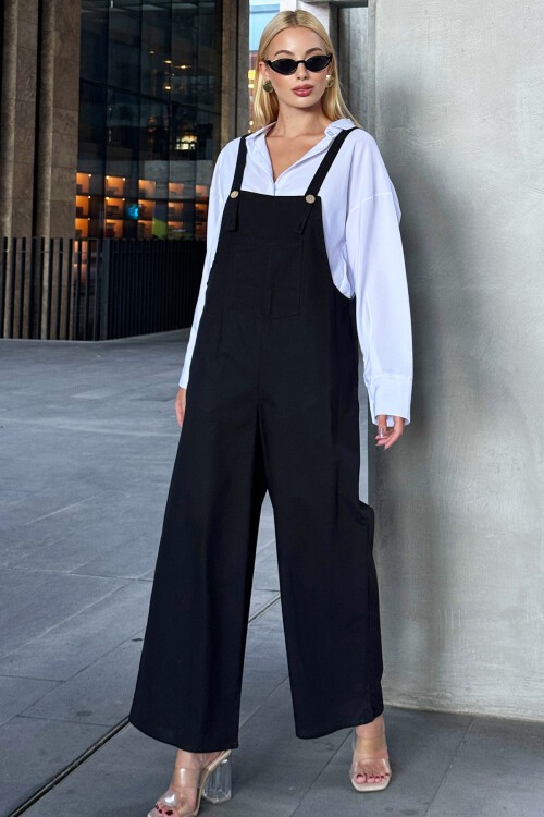 Siyah Önü Cepli Askılı Gabardin Bahçıvan Tulum