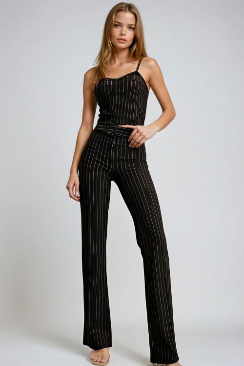 Siyah Önü Çimalı Çizgili Pantolon
