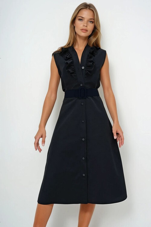 Siyah Önü Fırfırlı Kemerli Poplin Dokuma Elbise