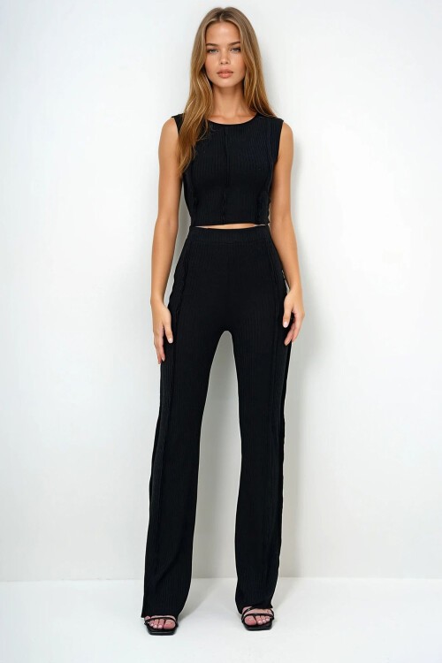 Siyah Ters Dikiş Detaylı Likralı Kolsuz Bluz Ve Pantolon Takım