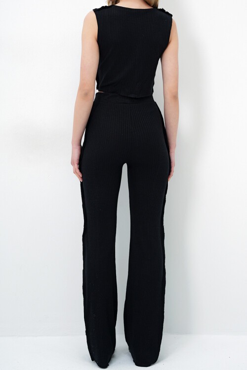 Siyah Ters Dikiş Detaylı Likralı Kolsuz Bluz Ve Pantolon Takım