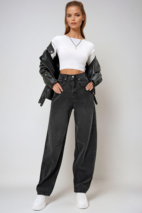 Siyah Yüksek Bel Baggy Balloon Jean