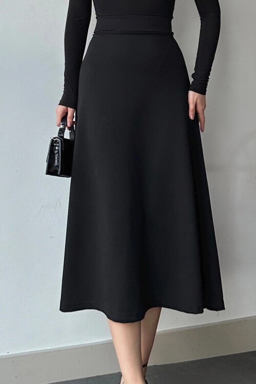 Siyah Yüksek Bel Beli Lastikli A Form Midi Boy Etek