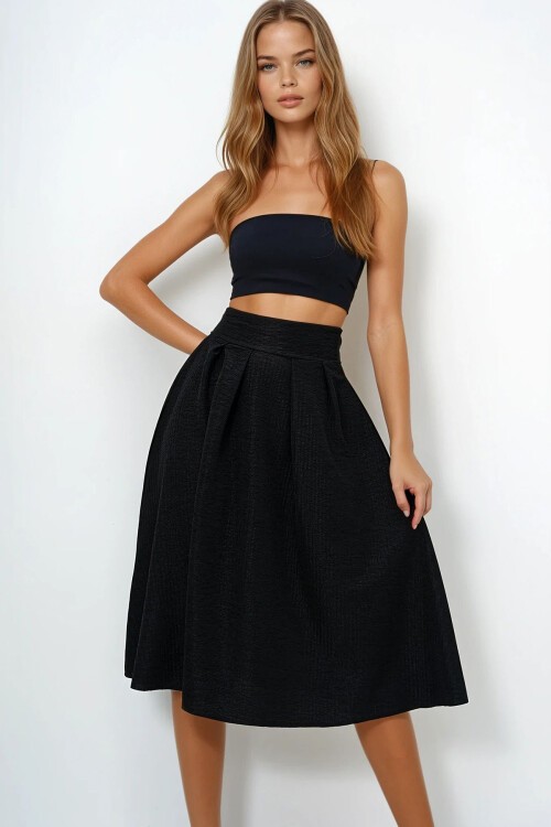 Siyah Yüksek Bel Geniş Kemerli Gizli Fermuarlı Midi Boy Dokulu Etek