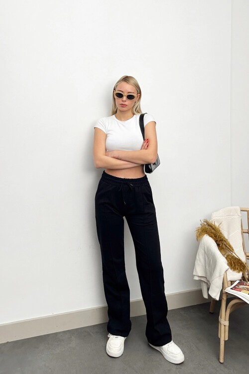 Siyah Yüksek Bel Önü Çimalı Bol Paça Çift Cepli Eşofman Altı