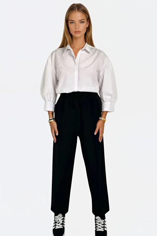 Siyah Yüksek Bel Önü Çimalı Çift Cepli Keten Palazzo Pantolon