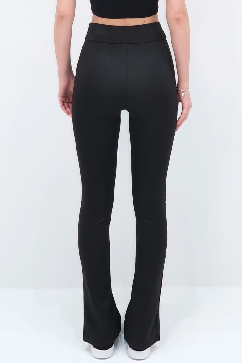 Siyah Yüksek Bel Önü Dikişli İspanyol Paça Ve Çapraz Yırtmaçlı Scuba Pantolon