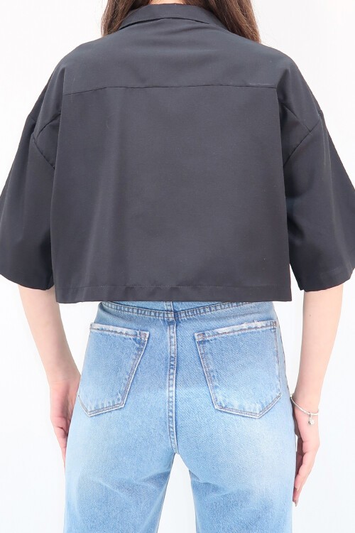Siyah Zarf Cepli Crop Poplin Gömlek
