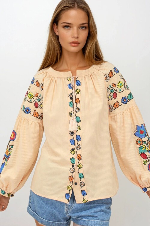 Somon Hakim Yaka Püskül Bağcıklı Nakışlı Armürlü Dokuma Gömlek