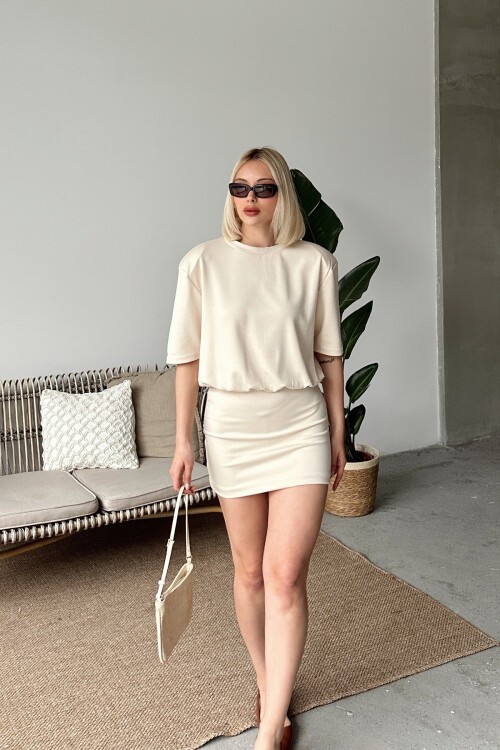 Taş Omuz Vatkalı Bisiklet Yaka Modal Mini Elbise