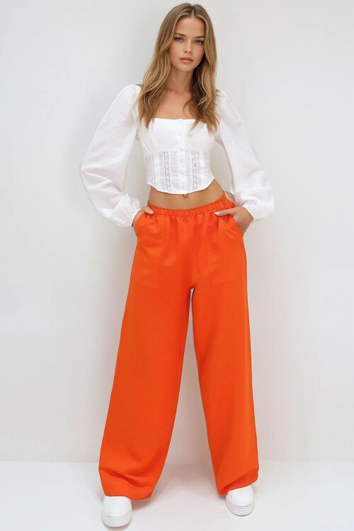 Turuncu Çift Cepli Beli Lastikli Keten Geniş Paça Pantolon