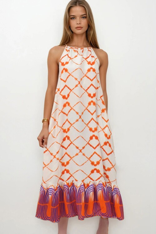 Turuncu Desenli  Bağlamalı Eteği Fileli Maxi Boy Çift Cepli Elbise Elbise