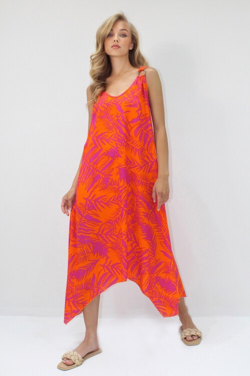 Turuncu Fuşya Asimetrik Kesim Askılı Halka Detaylı Rahat Kalıp Dokuma Viskon Elbise