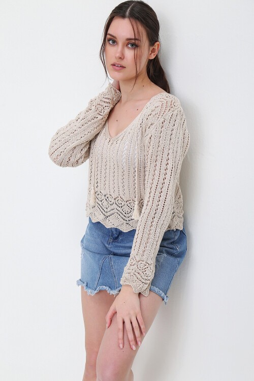 Bej V Yaka Ajurlu Mevsimlik Triko Bluz Esq0010