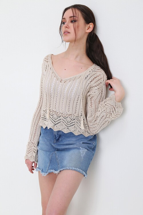 Bej V Yaka Ajurlu Mevsimlik Triko Bluz Esq0010