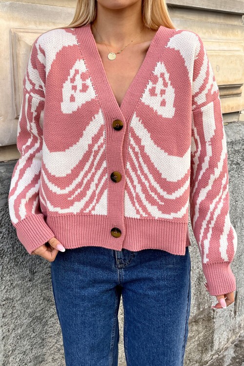 Pudra V Yaka Düğmeli Soyut Desen Kalın Örme Hırka