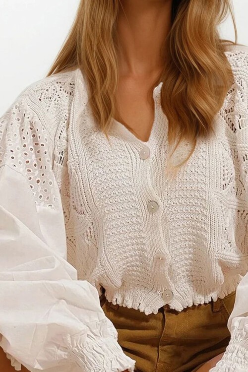 Vanilya Bisiklet Yaka Ajurlu Kolları Fistolu Crop Triko Hırka