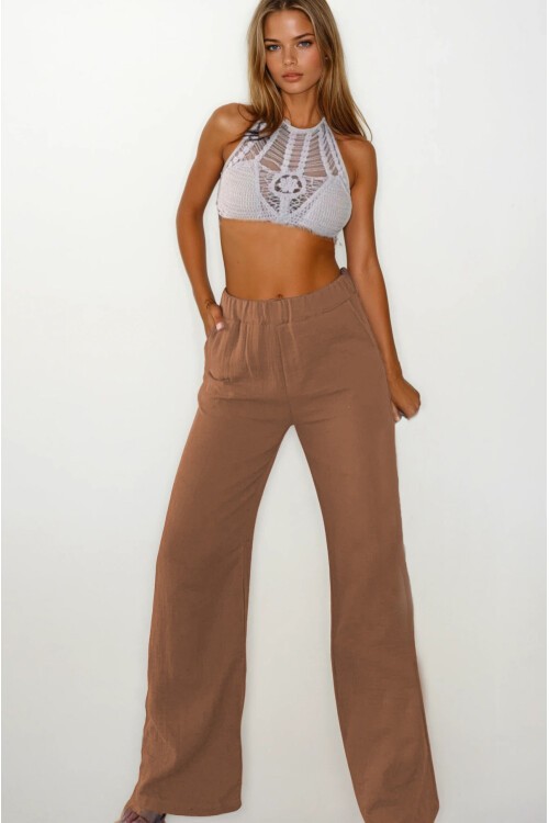 Vizon Çift Cepli Beli Lastikli Müslin Palazzo Pantolon