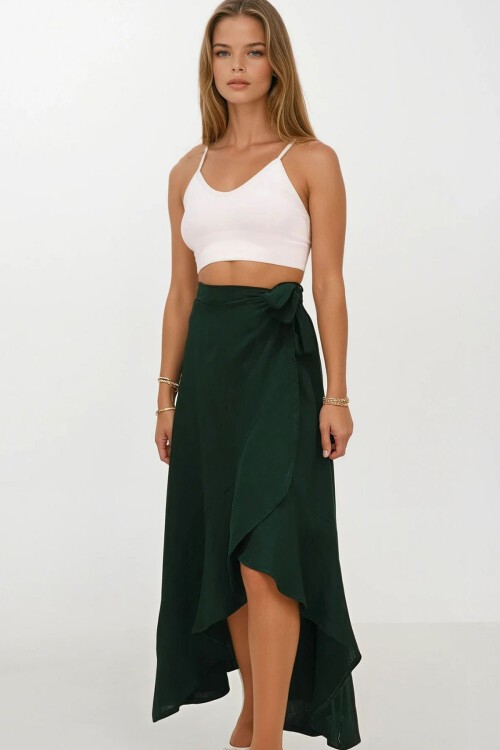 Yeşil Asimetrik Kesim Düğme Kapamalı Müslin Etek