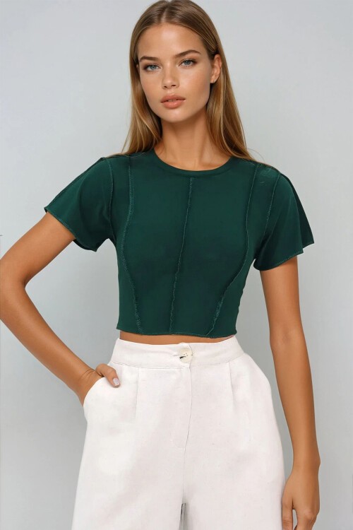 Yeşil Bisiklet Yaka Önü Dikişli Crop Sandy Bluz