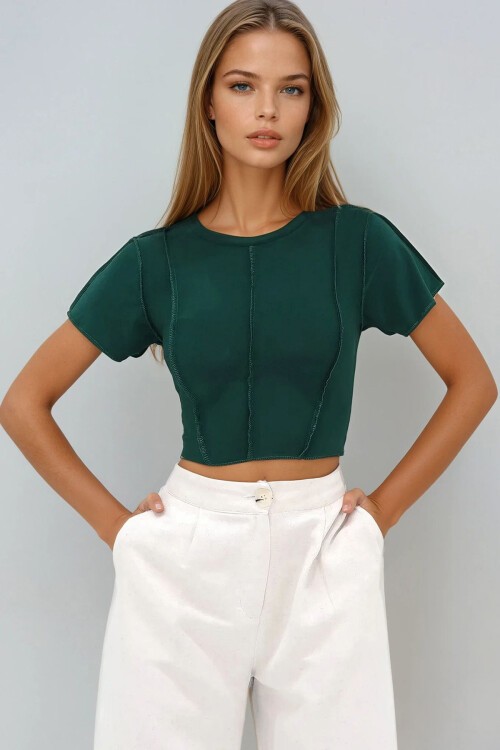 Yeşil Bisiklet Yaka Önü Dikişli Crop Sandy Bluz