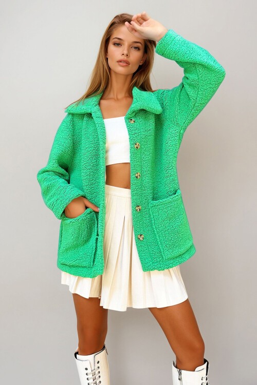 Yeşil Çift Cepli Önü Düğmeli Şal Yaka Peluş Ceket