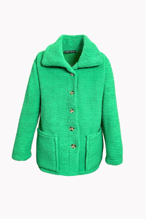 Yeşil Çift Cepli Önü Düğmeli Şal Yaka Peluş Ceket