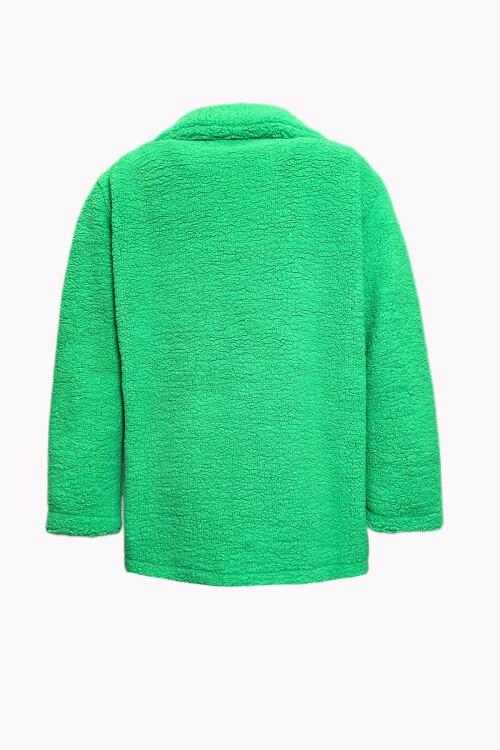 Yeşil Çift Cepli Önü Düğmeli Şal Yaka Peluş Ceket