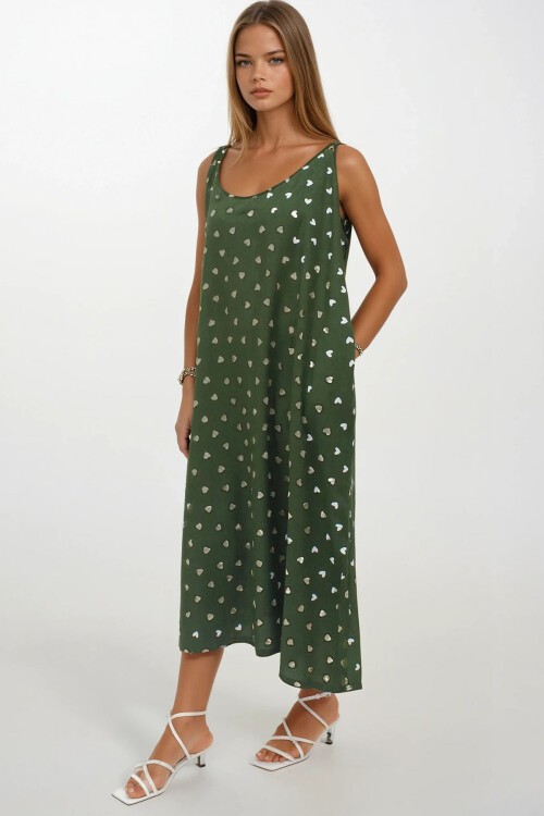 Yeşil Çift Cepli Rahat Kesim Desenli Elbise