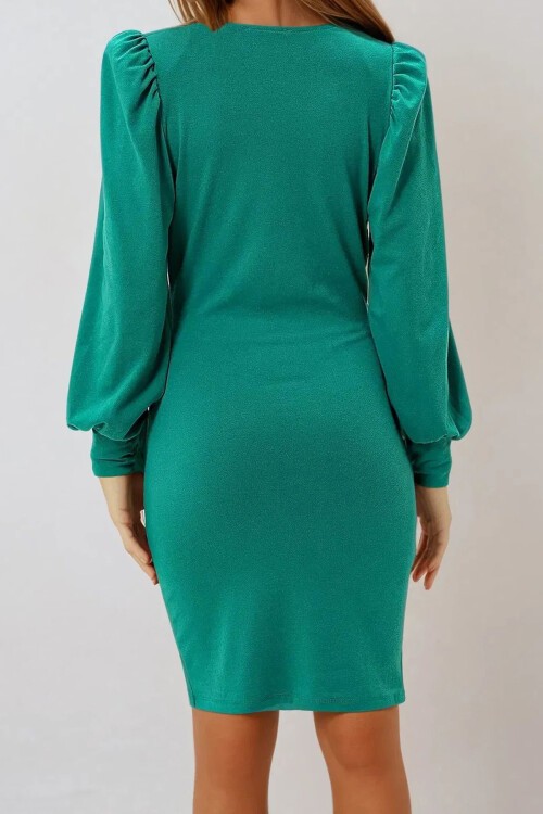Yeşil Degaje Yaka Prenses Kol Örme Krep Mevsimlik Mini Boy Elbise