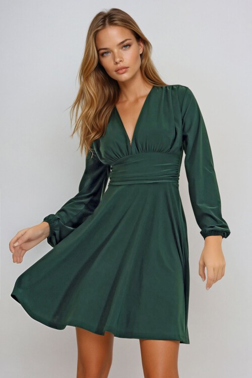 Yeşil Derin V Yaka Kloş Sandy Elbise