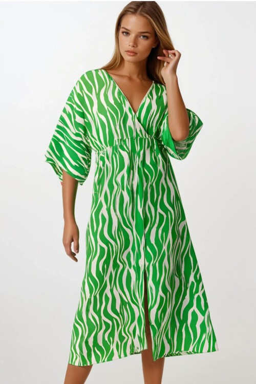 Yeşil Derin V Yaka Yırtmaç Detaylı Midi Boy Elbise