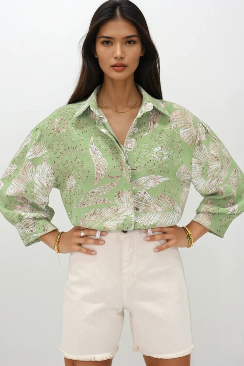 Yeşil Desenli Balon Kol Gizli Patlı Gömlek