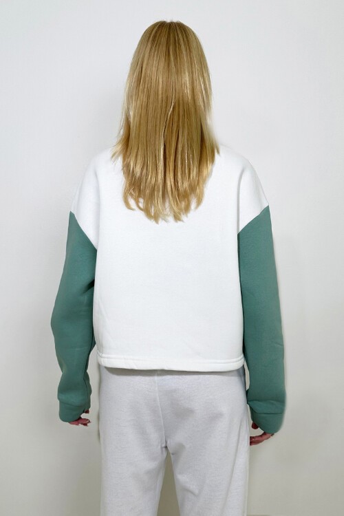 Yeşil Dik Yaka Yarım Fermuarlı Renk Bloklu Sweatshirt