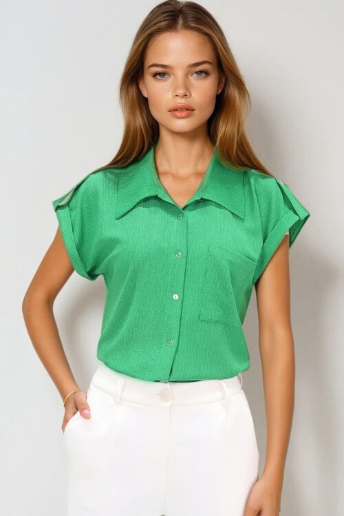 Yeşil Manşetli Duble Kısa Kollu Dokulu Gömlek