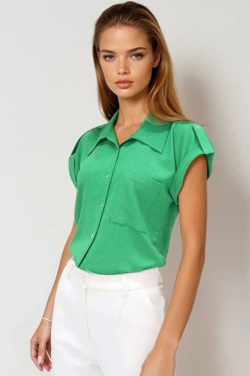 Yeşil Manşetli Duble Kısa Kollu Dokulu Gömlek