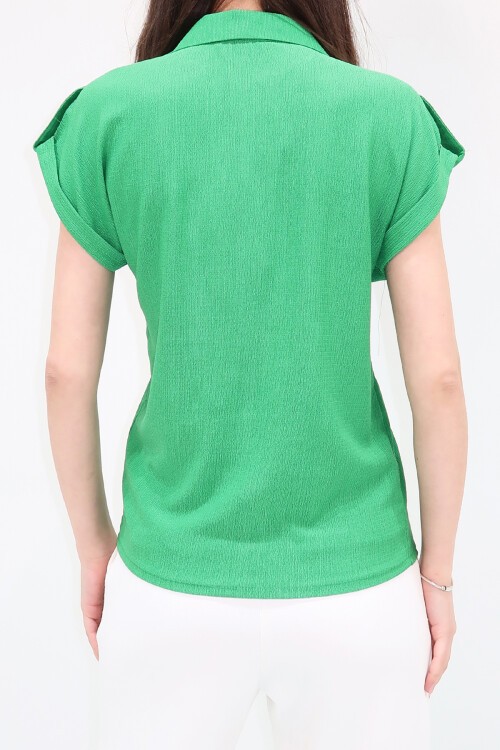 Yeşil Manşetli Duble Kısa Kollu Dokulu Gömlek