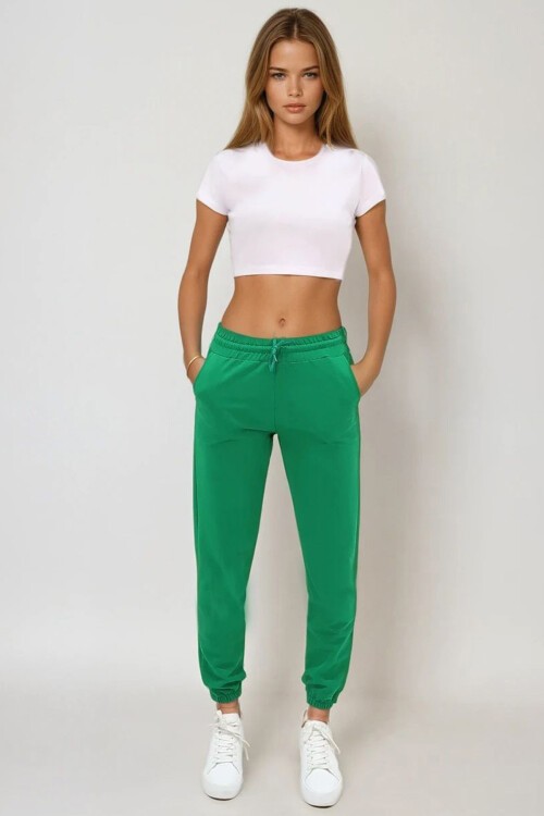 Yeşil Paçası Lastikli İki İplik Eşofman Altı