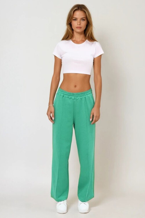 Yeşil Yüksek Bel Önü Çimalı Bol Paça Çift Cepli Eşofman Altı
